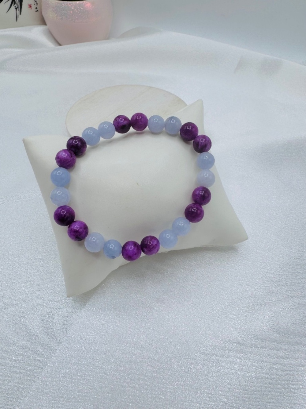 Purple and Aqua Marine Blue Stone Beaded Stretch Bracelet